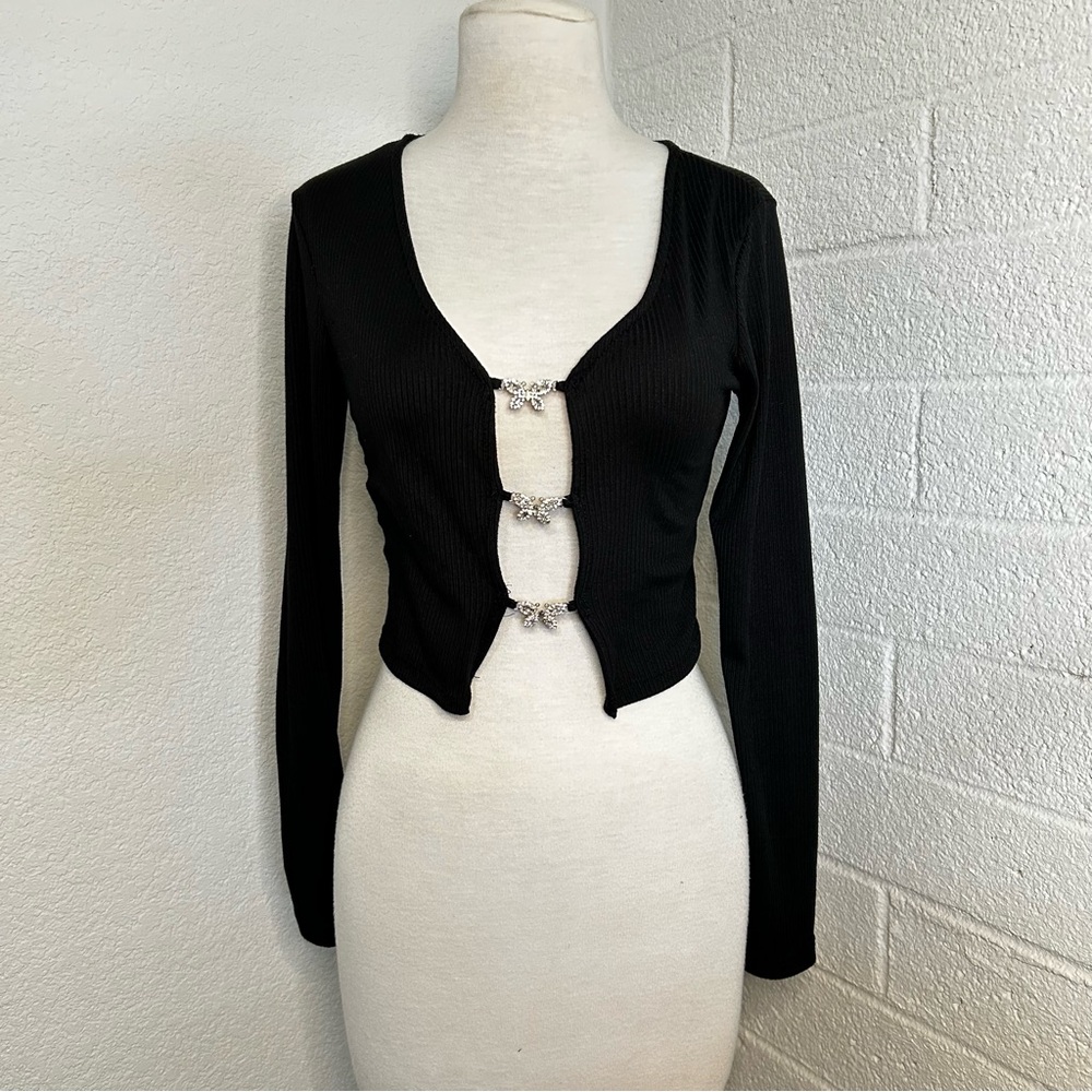 Y2k Whimsy Goth Dark Fairy Ribbed long sleeve top with butterfly rhinestones